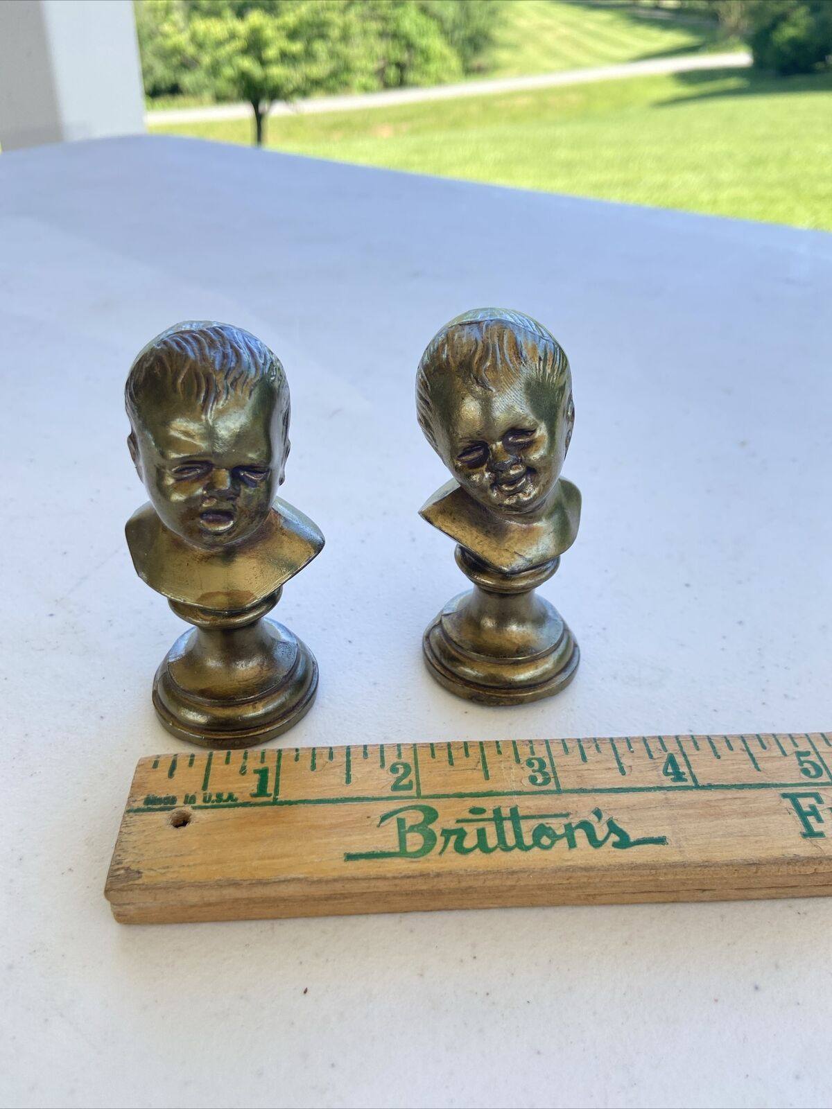 Vintage Miniature Pair of Brass Color Busts of Child Laughing/Crying Figurines