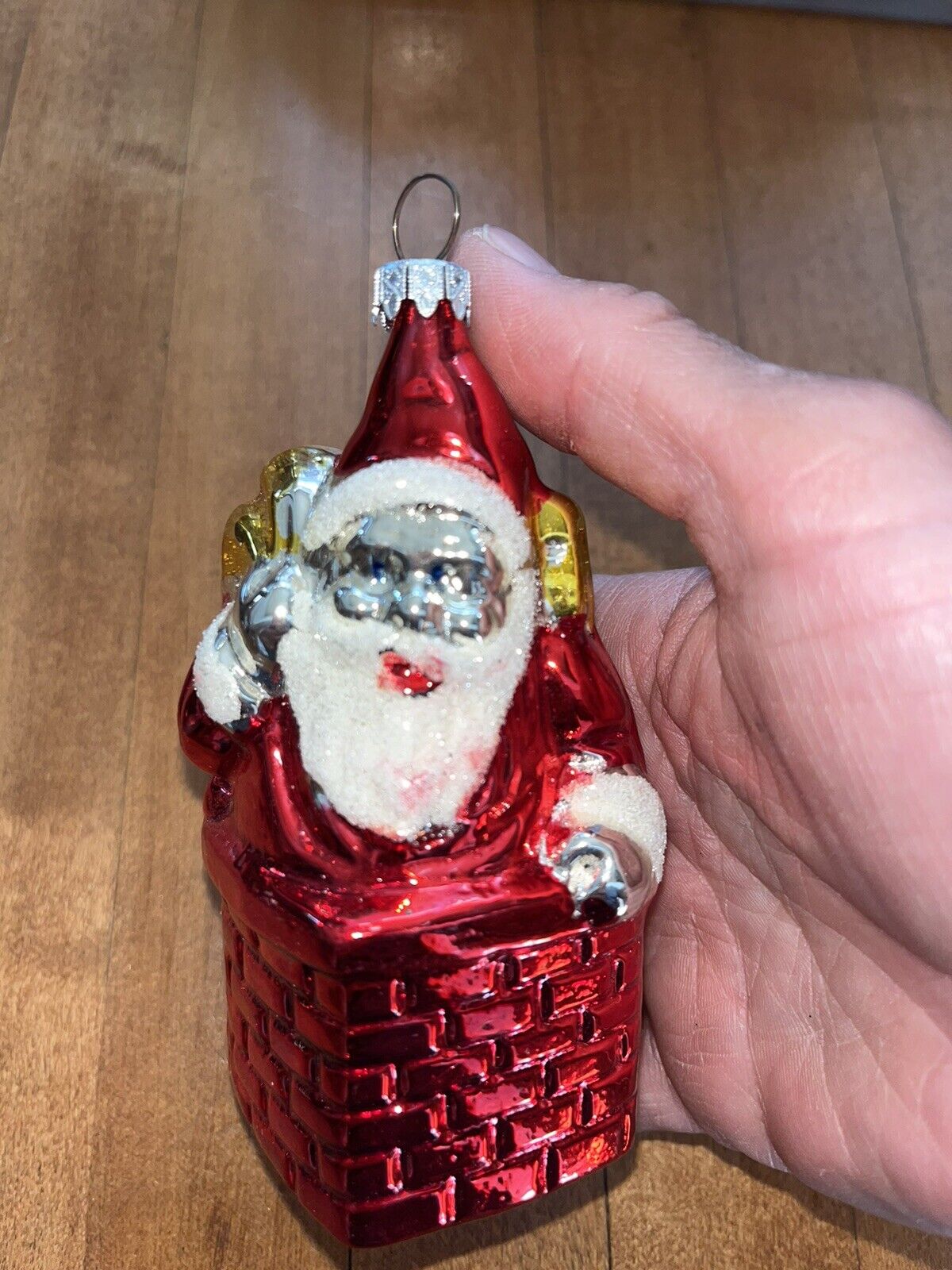 Vintage Mercury Glass Xmas Ornament ~ Santa in Chimney ~ West Germany ~ 4-1/2\