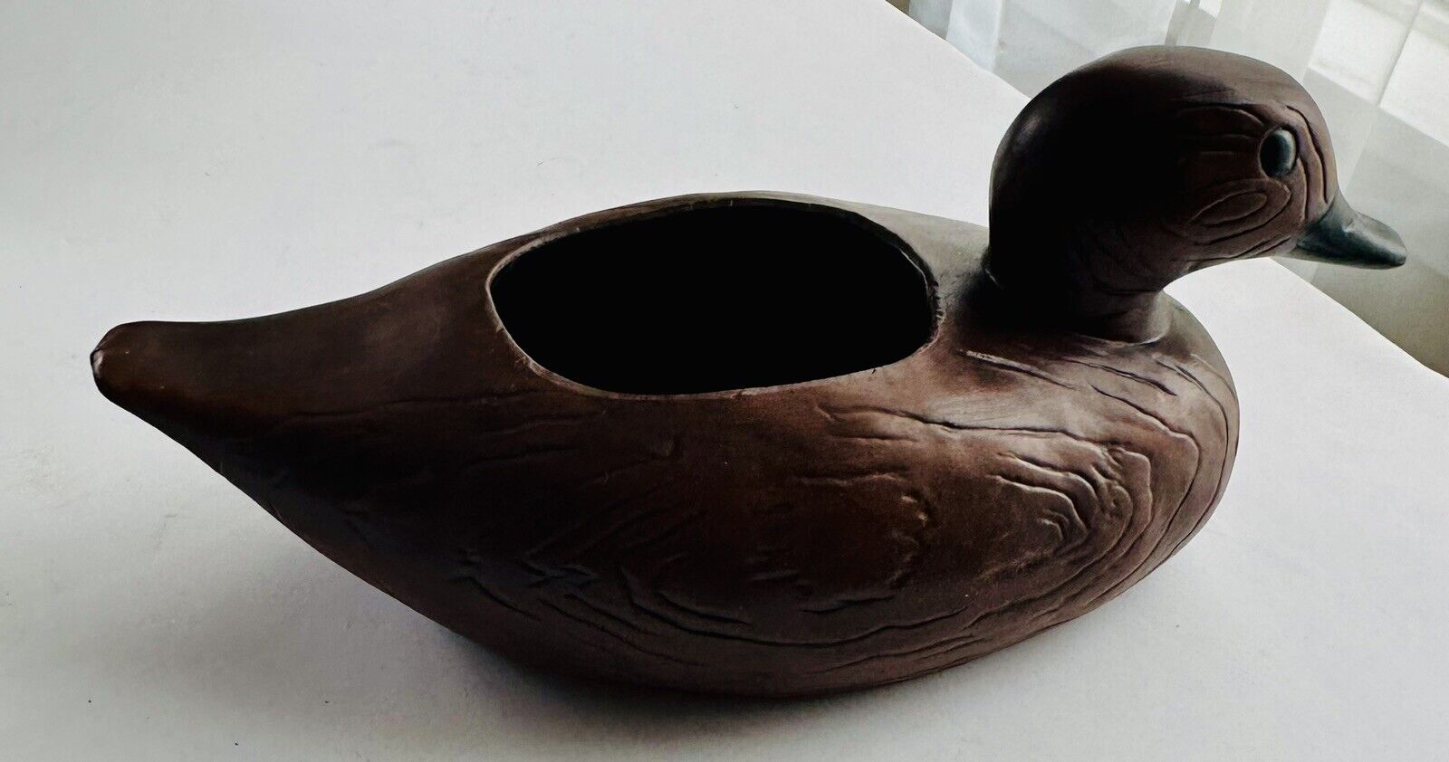 vintage Stoneware Ceramic Wood Grain duck planter Brown Decoy Marked Decore 11”