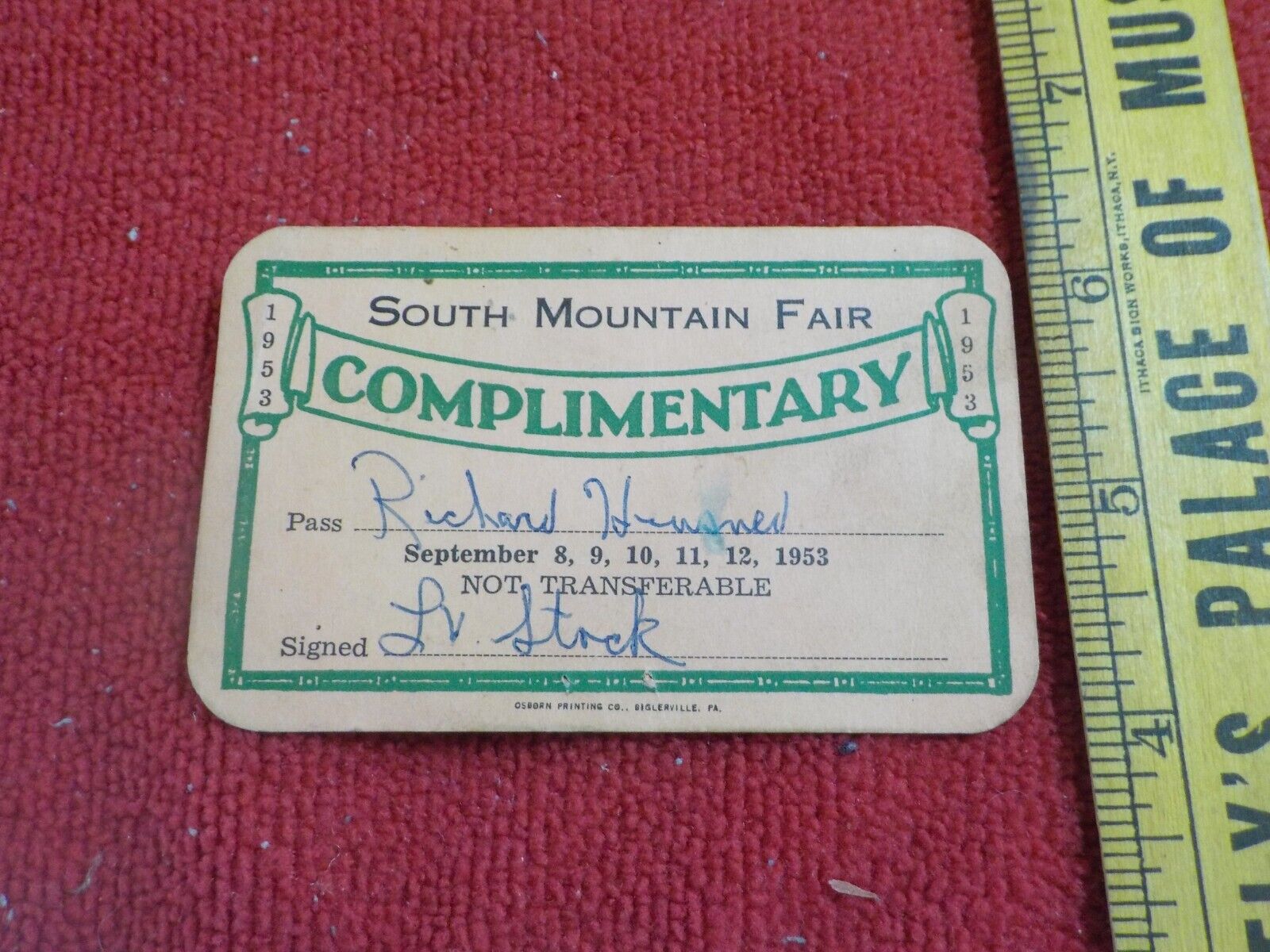 South Mountain Fair 1953 Complimentary Pass Pa ?