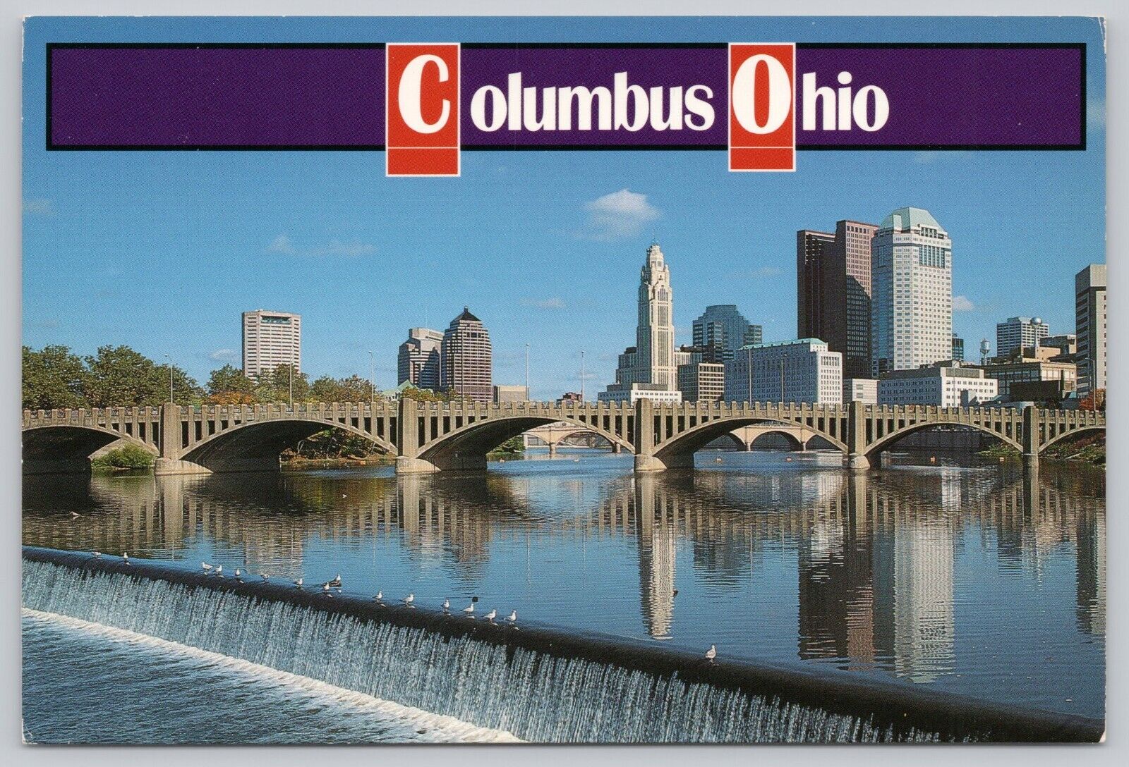 Columbus Skyline, River, & Bridge, Columbus OH Ohio Continental Postcard