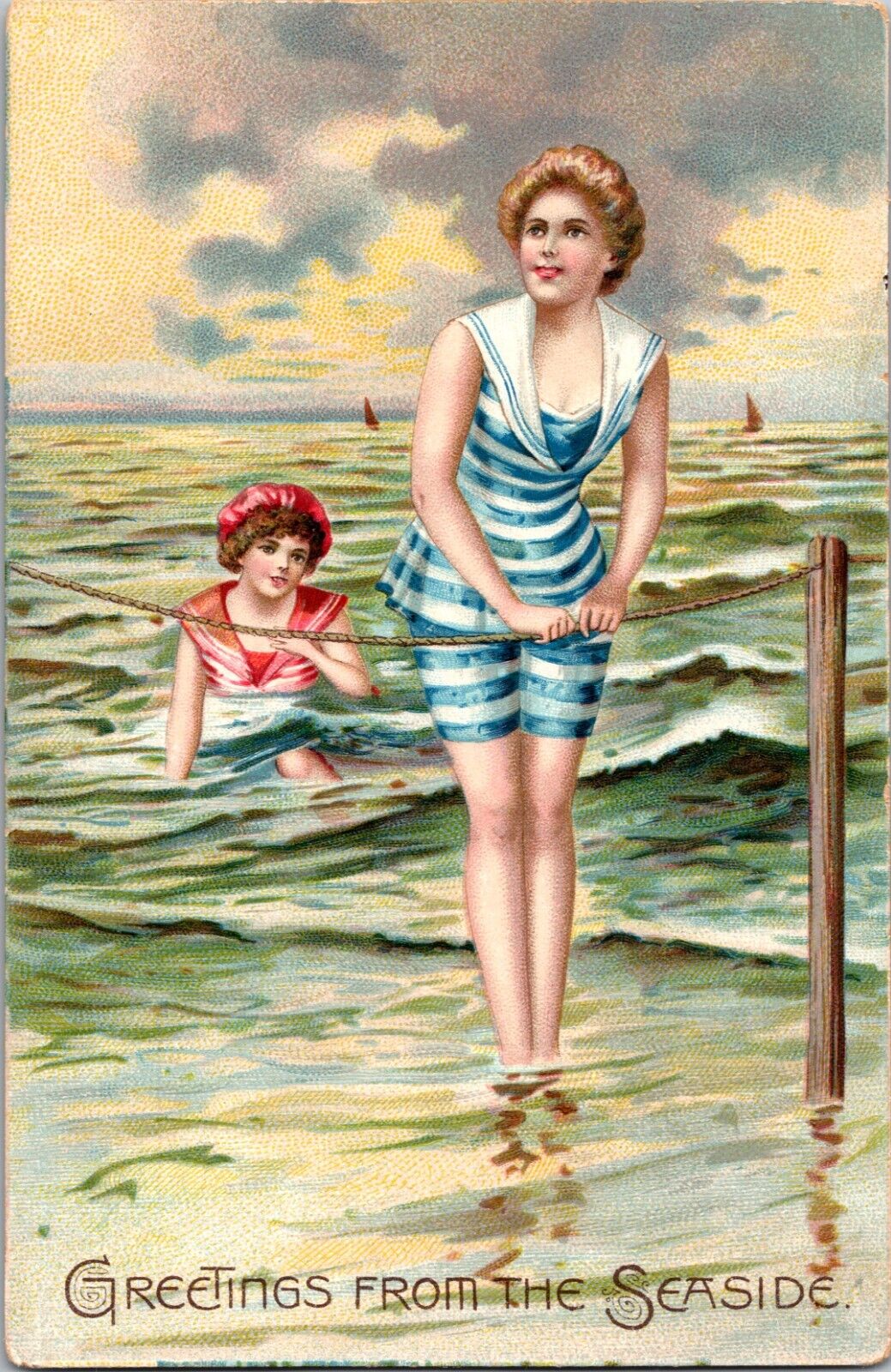 CA-230 Women in Bathing Suits at Beach Divided Back Postcard
