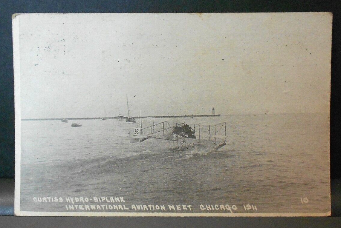 RPPC Postcard 1911--Curtiss HYDRO-BIPLANE, International Aviation , Chicago