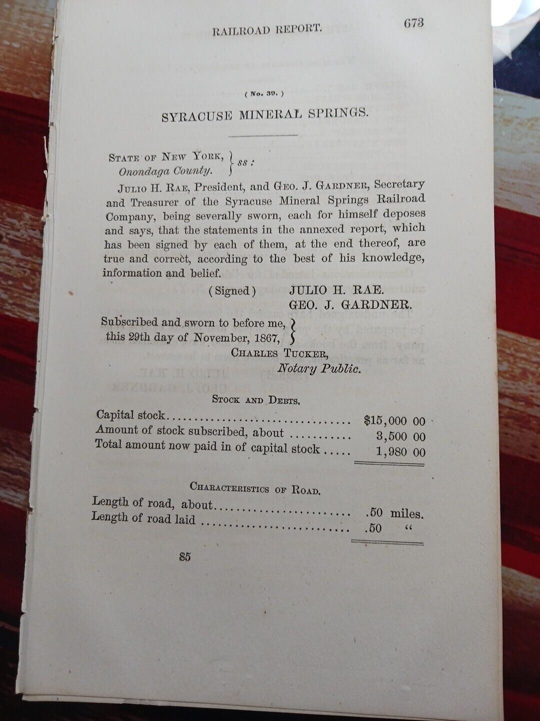 ☆1867 Horse Railroad Report SYRACUSE MINERAL SPRINGS RR COMPANY ~ Julio Rae