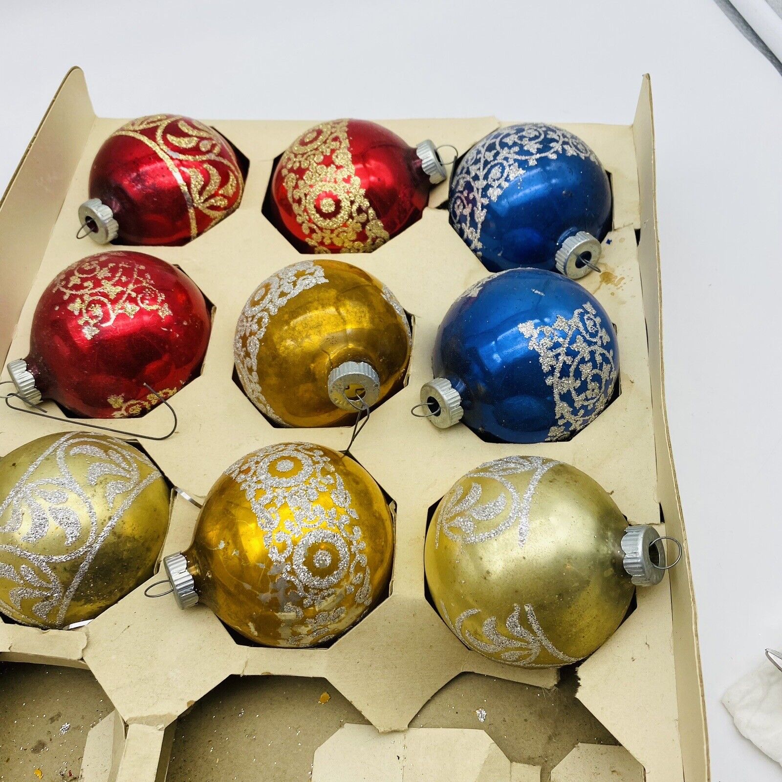 Vintage Shiny Bright Glitter Print Christmas Ornaments Set 9
