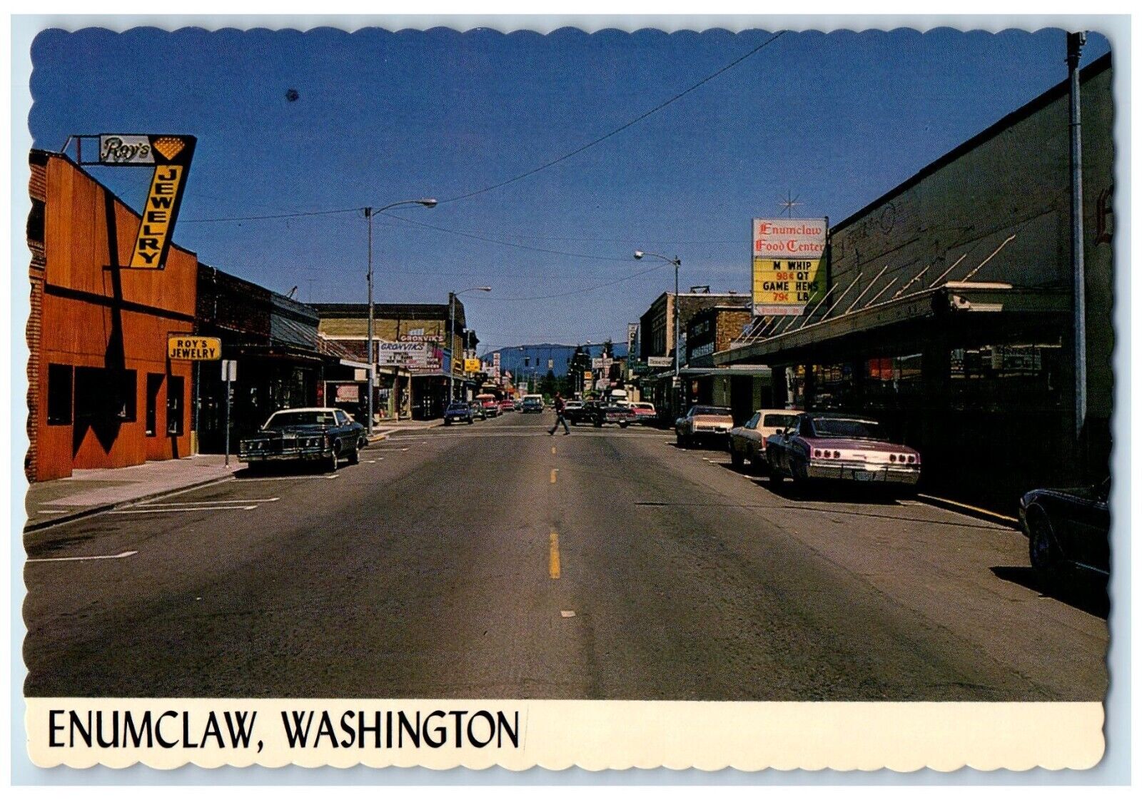Enumclaw Washington WA Postcard Main Street Gateway To Chinook Pass Jewelry Cars