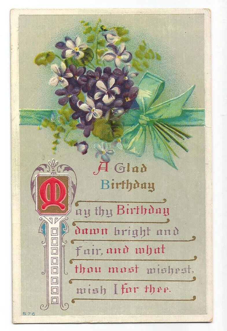 Birthday Postcard Greetings Purple Flowers c1910
