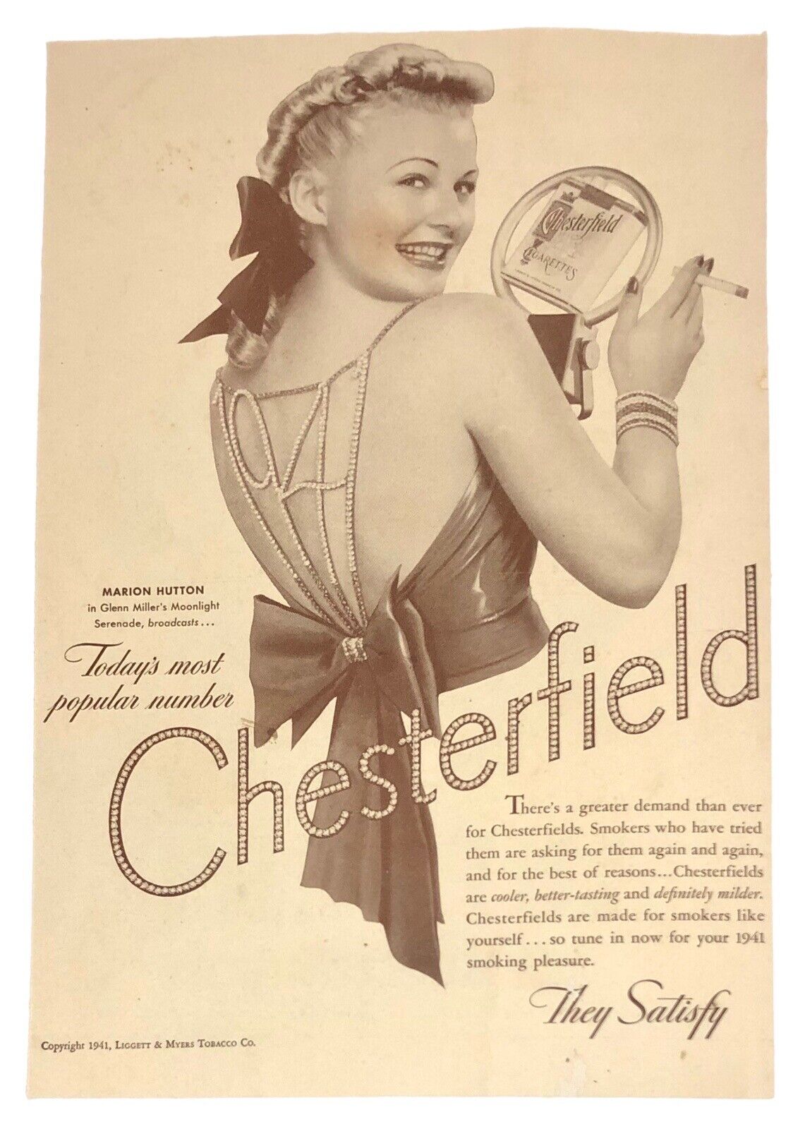 Vtg 1941 Chesterfield Cigarette Print Ad Pin Up Marion Hutton WWII Era Ephemera