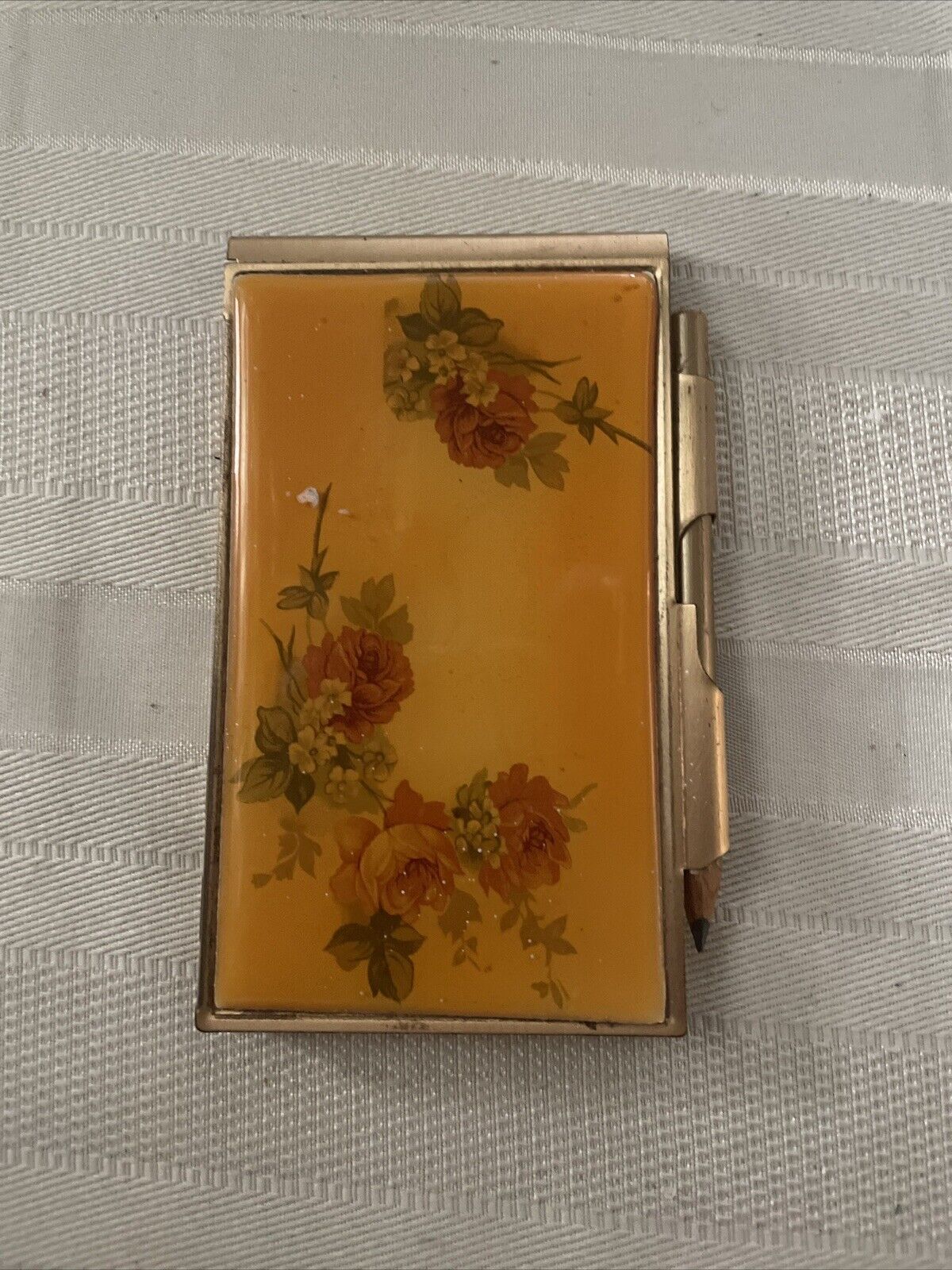Vtg Gold Tone Metal Mini Note Pad w Tiny Pencil Rose Design Cover 4.5\