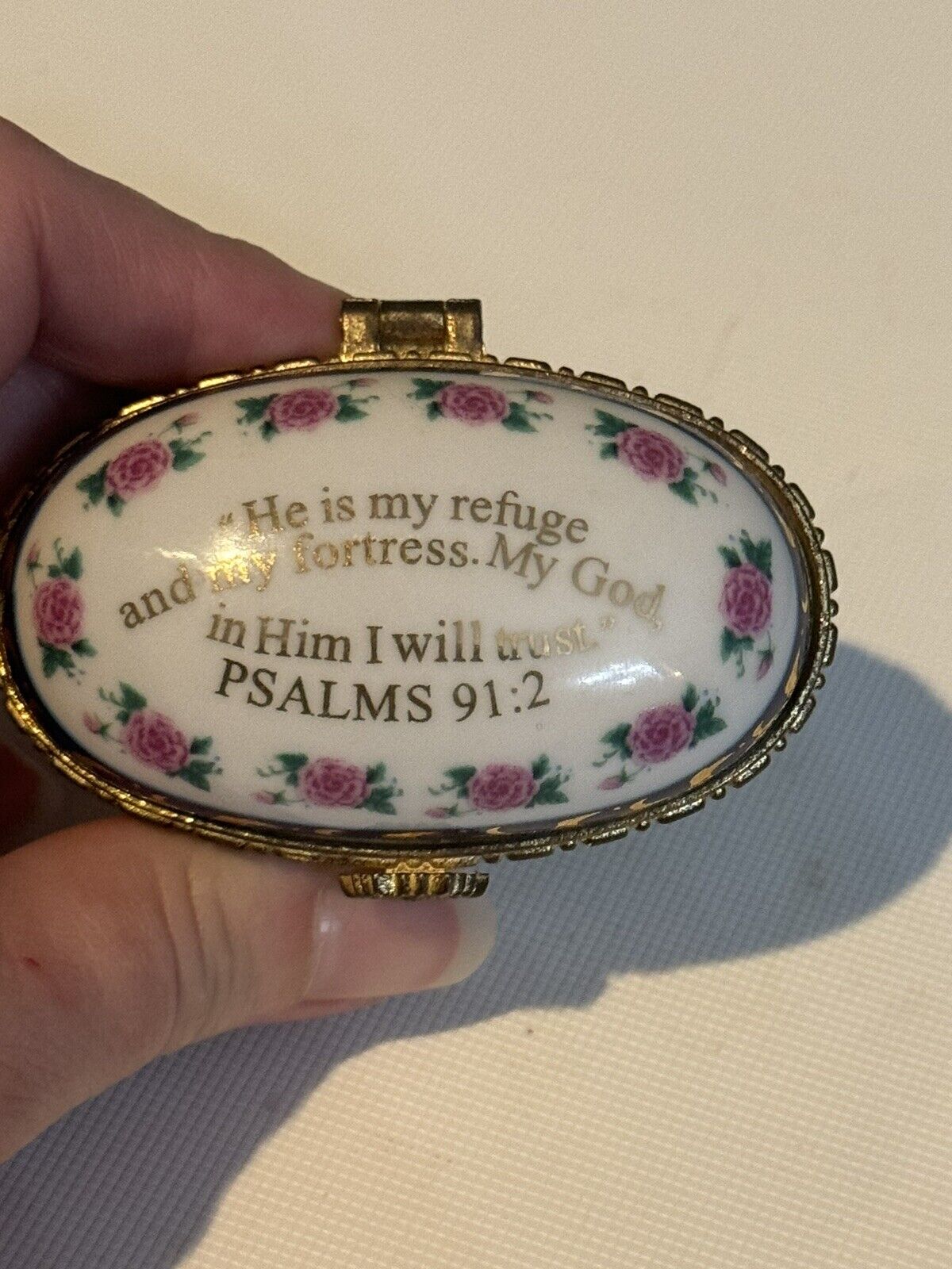 Porcelain Hinged Trinket Pill Box Inspirational Refuge Scripture Psalms 91:2