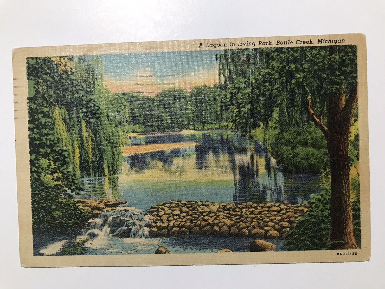 Vintage 1954 A lagoon In Irving Park Battle Creek Michigan Postcard