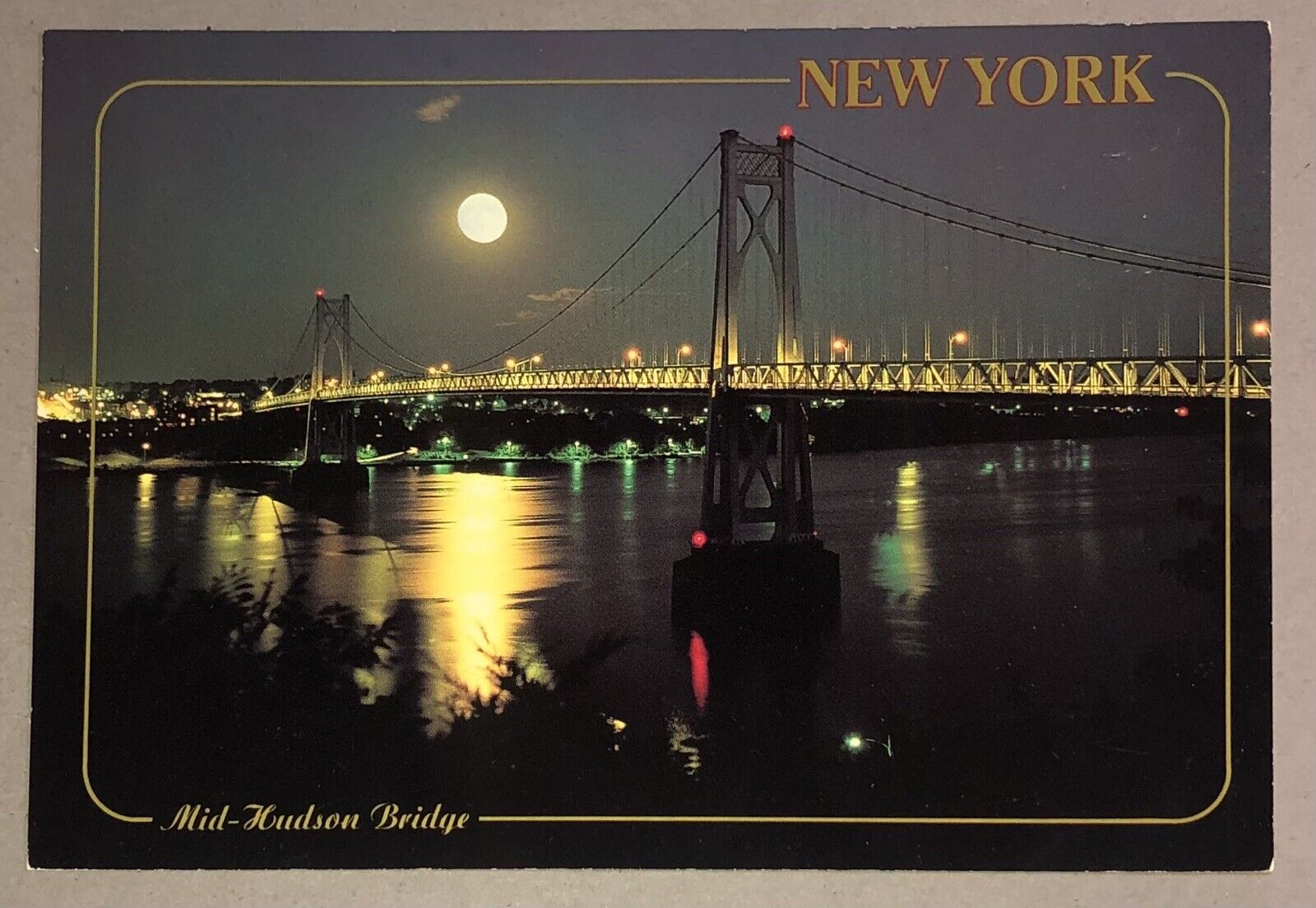 Postcard Mid-Hudson Bridge Poughkeepsie-Highland New York Night View Illuminated