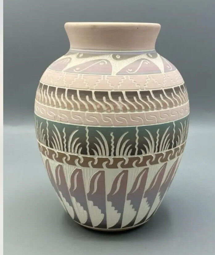 E. Whitegoat Clay Pottery Vase Handmade Etched & Signed Navajo Pink Turquoise 6\