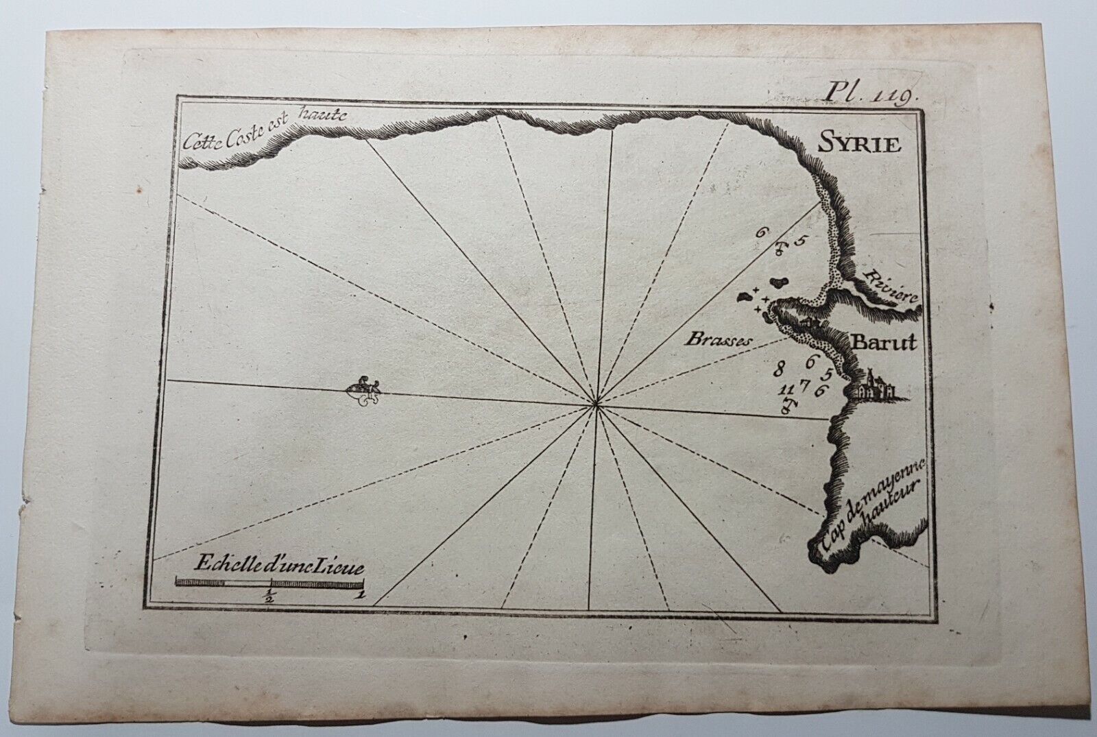 Liban Lebanon Beyrouth Beirut syrie Old Marine Map 1750