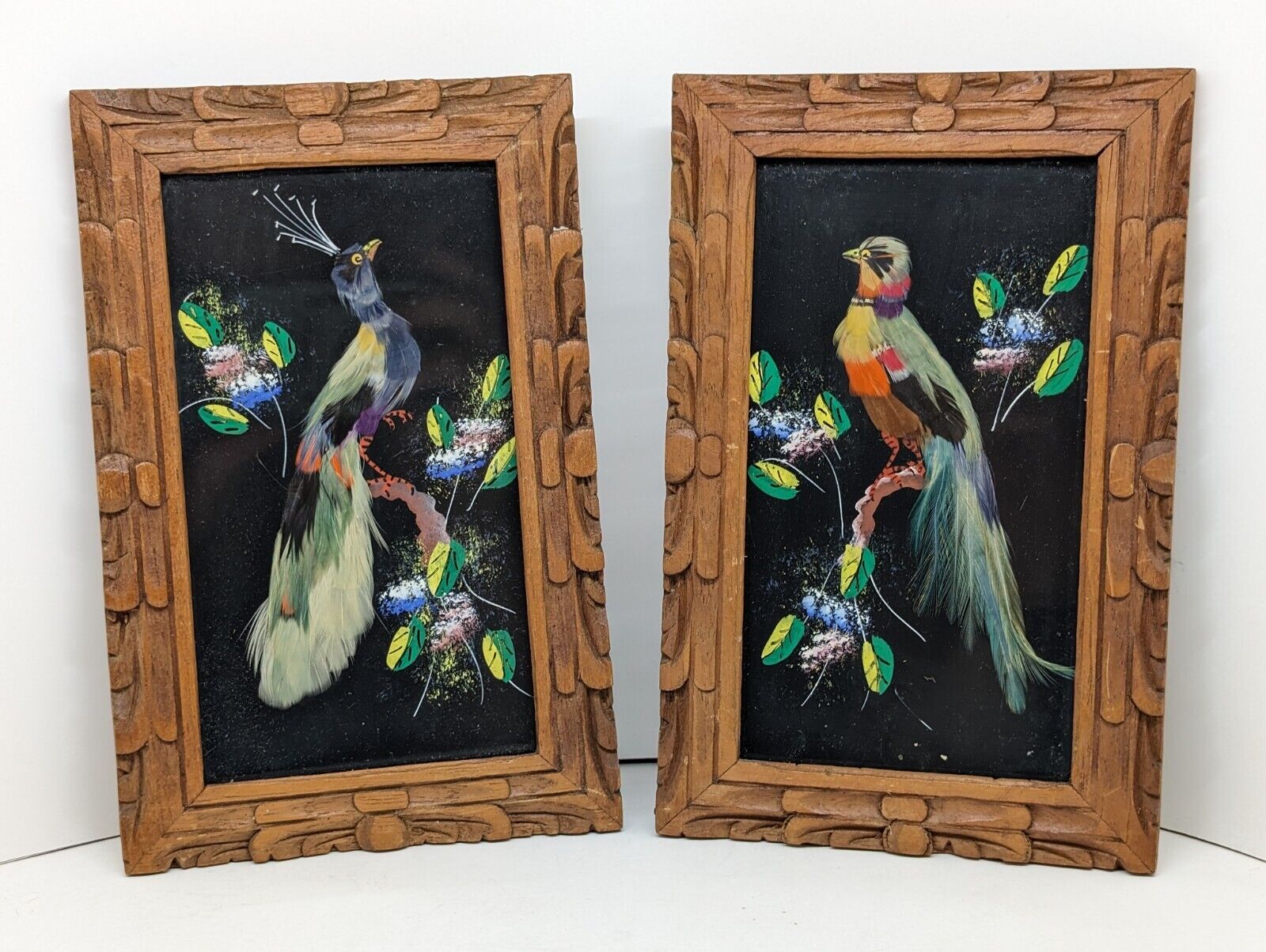 Set Vintage Mexican Feathercraft Bird Picture Hand Carved Wood Frame 8.25 By 5”
