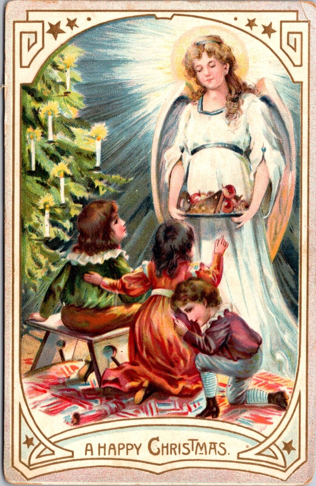 Christmas PC Angel Woman Bringing Platter of Food to Children Candlelit Tree