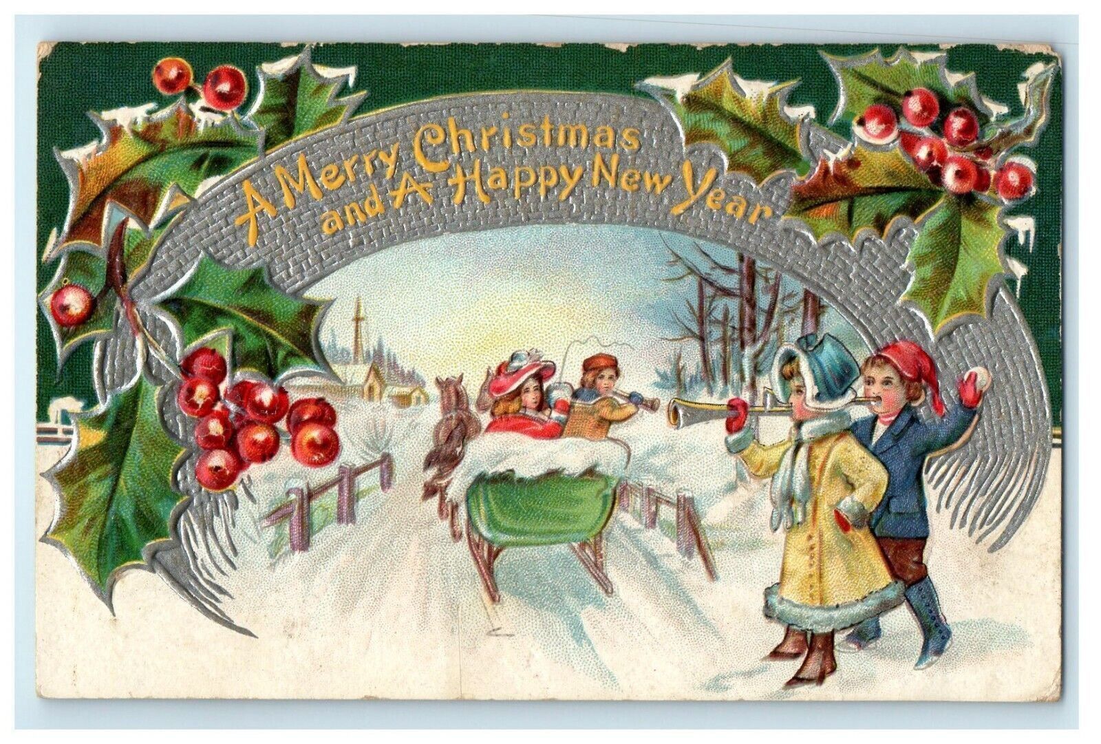 Christmas Children Sleigh Ride Horse Blow Horns Throw Snowball Embossed Postcard