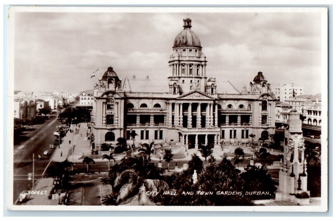 c1940\'s City Hall And own Gardens View Durban South Africa RPPC Photo Postcard