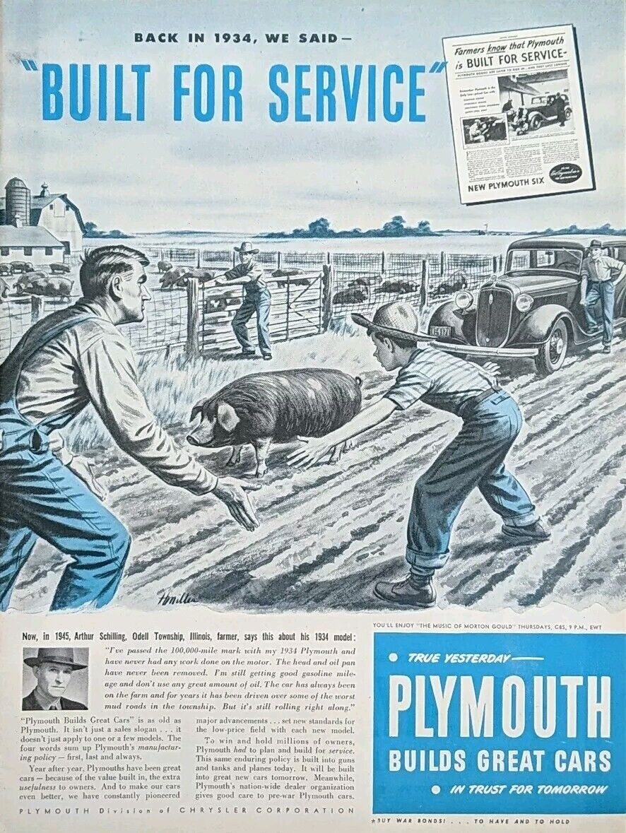 1945 vintage WW2 Era Plymouth Print Ad. Family Farm.