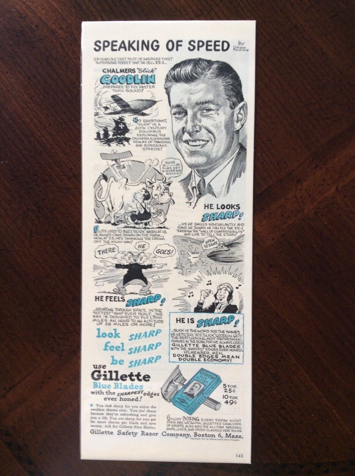 1947 vintage original color ad Gillette Safety Razor Chalmers “Slick” Goodlin 