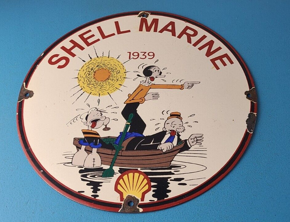 Vintage Shell Gasoline Sign - Popeye Sailor Gas Pump Mechanic Porcelain Sign