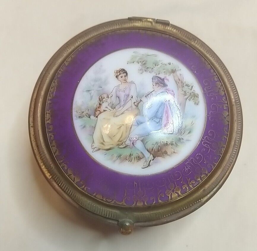 Vintage Czechoslovakia Face Powder/ Trinket Box With Mirror~Victorian Purple