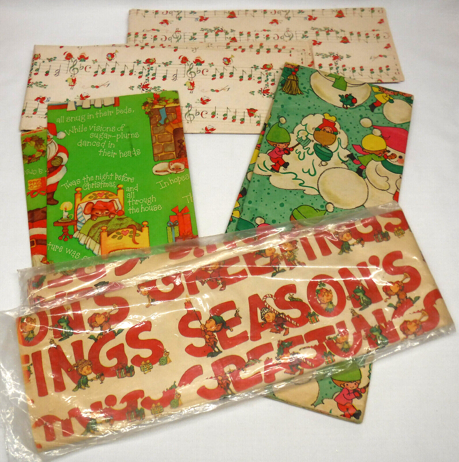 Vtg Christmas Wrapping Paper Large UNCUT Folded Sheets ELVES Children SNOW Birds