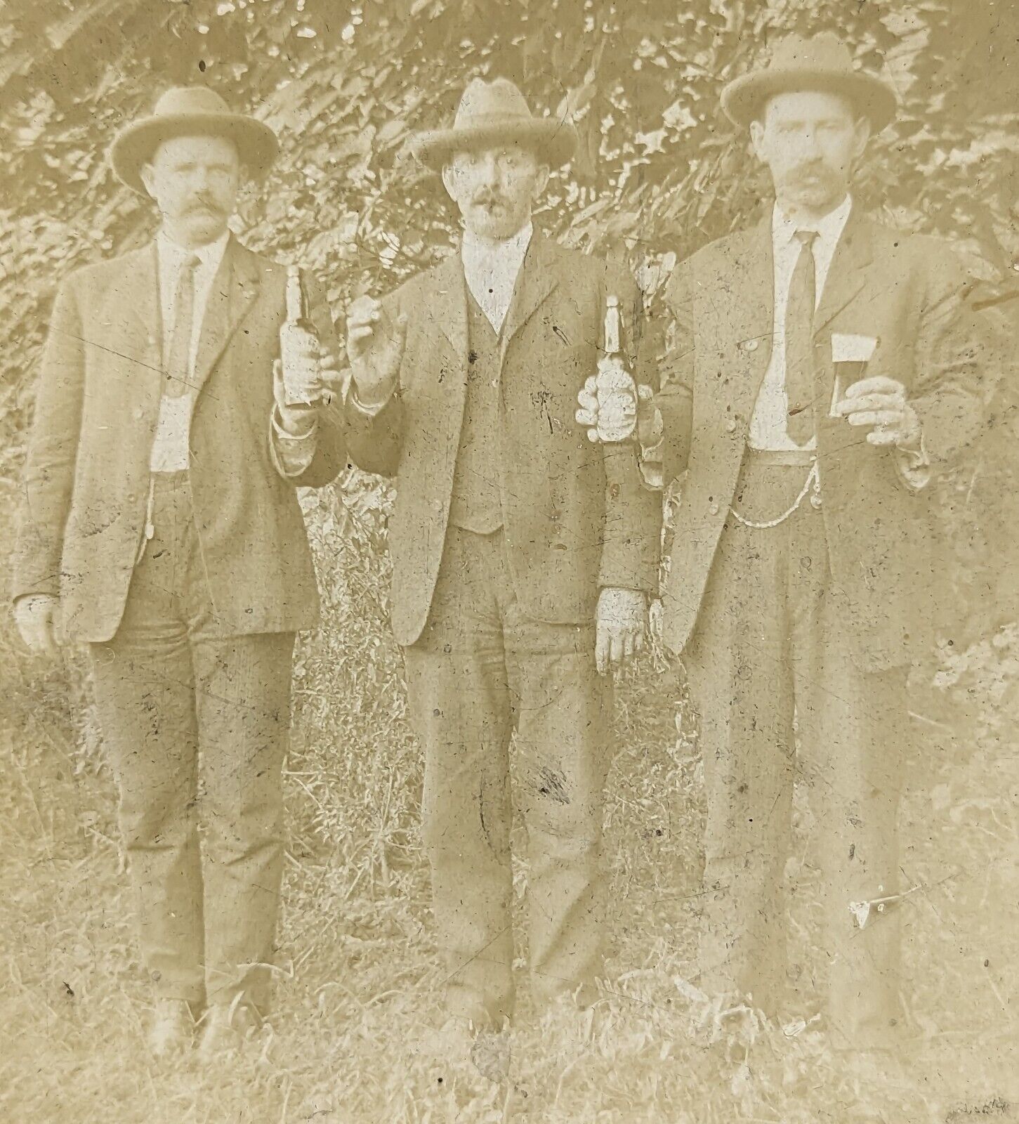 Three Men Drinking Beer Antique Photograph Bottles & Glasses, Breweriana