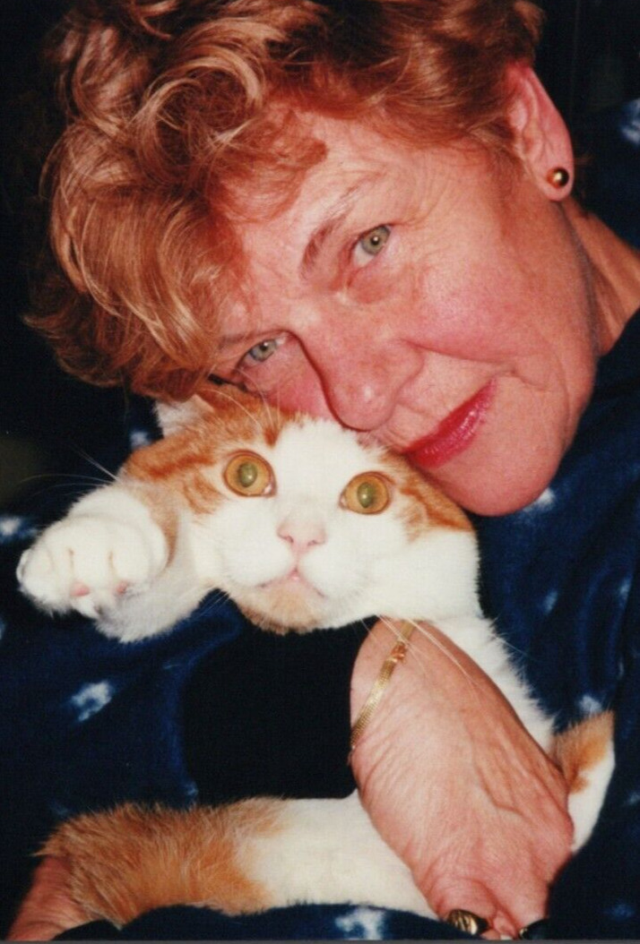 3K Photograph Cute Sweet Adorable Beloved Orange Kitty Cat Cute Old Woman Hugs