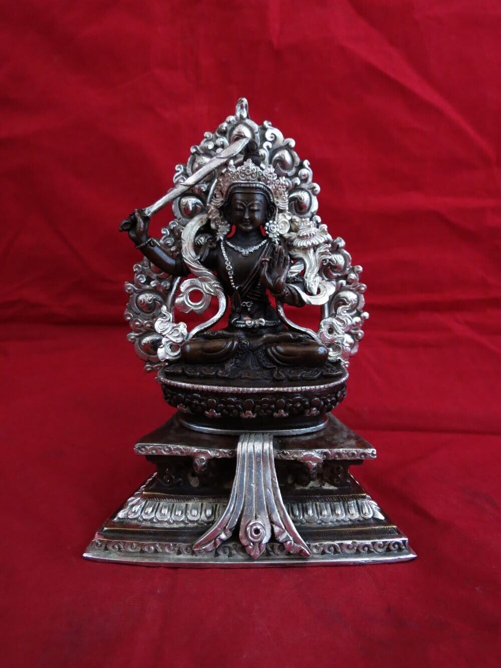 Buddhism Goddess Manjushri Manjushree Copper Silver Oxide Statue Figure Nepal