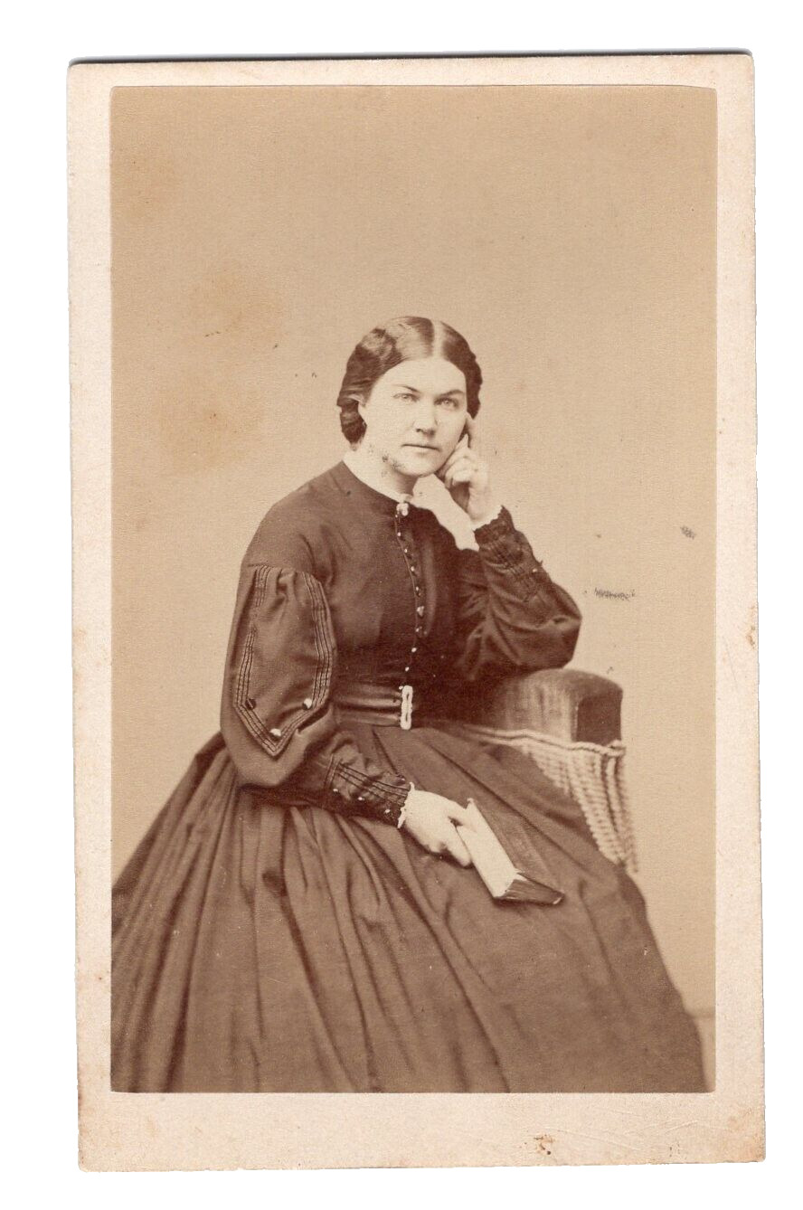 BOSTON MA c1862 Civil War Lady w/Book Detailed Mourning Hoop Dress CDV by ALLEN
