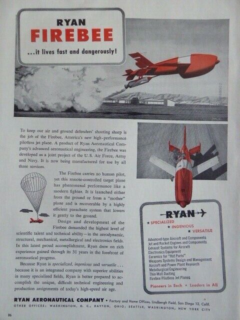 10/1953 PUB RYAN AERONAUTICAL DRONE FIREBEE TARGET ENGINE ORIGINAL TARGET AD
