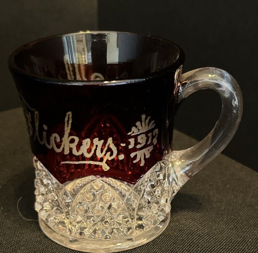 Antique Ruby Flash Glass Tumbler Souvenir Cup  Mystic Flickers 1912