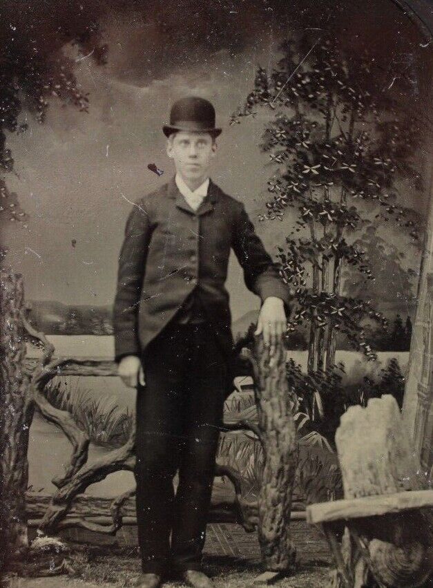 C.1880s Tintype Handsome Man W Suit & Bowler Hat Standing Rural Backdrop D30241