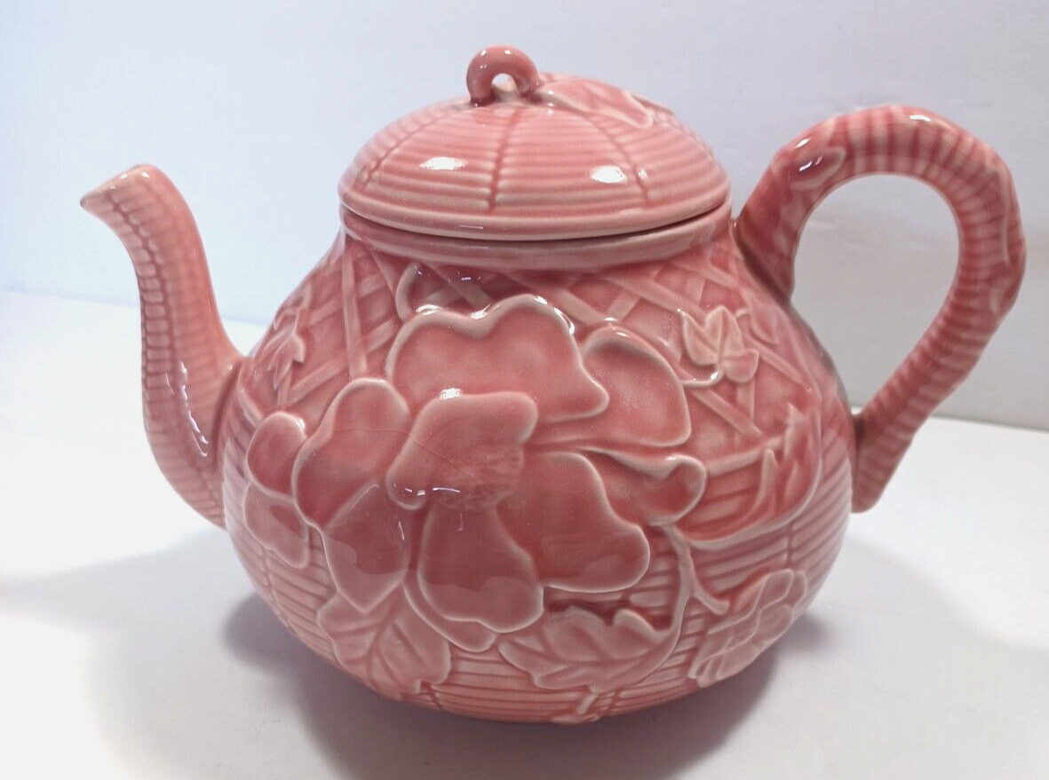 Vtg Bordallo Pinheiro Pink Printemps Floral Teapot Earthenware Majolica Portugal