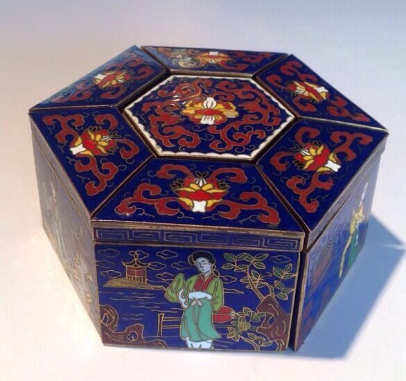 Rare Signed Vintage Chinese Peking Cloissone Lidded Jewelry Boxes Decorative