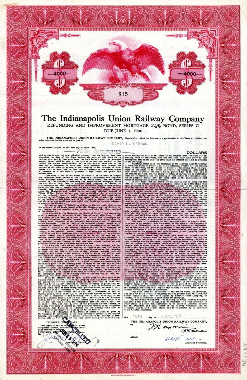 Indianapolis Union Railway Co. - $4,000 Bond - Railroad Bonds