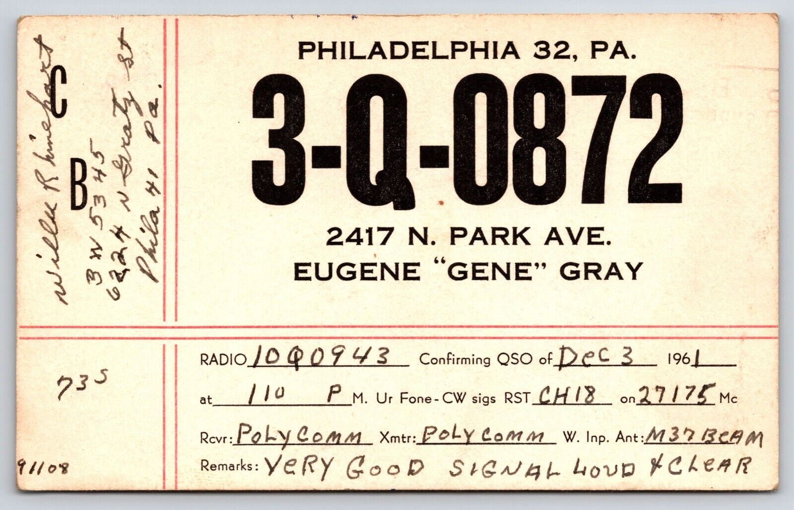 Postcard QSL Card Philadelphia PA Gray Family Vintage 1961