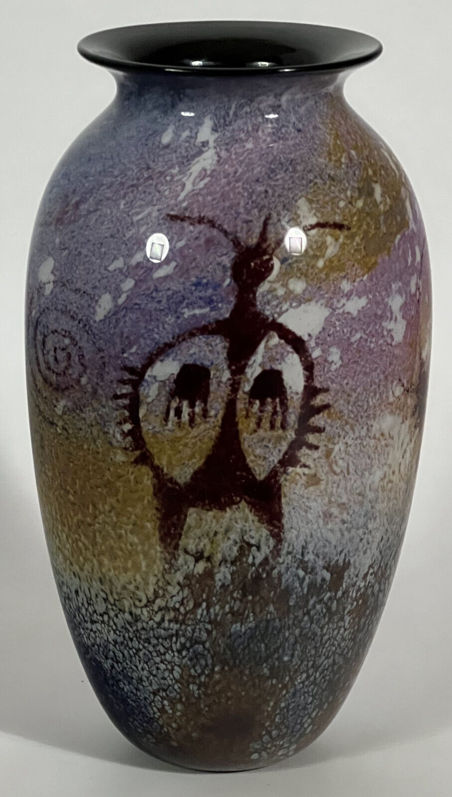 Rick Satava Petroglyph Shaman antelope Art Glass Vase - Signed & Dated 1991