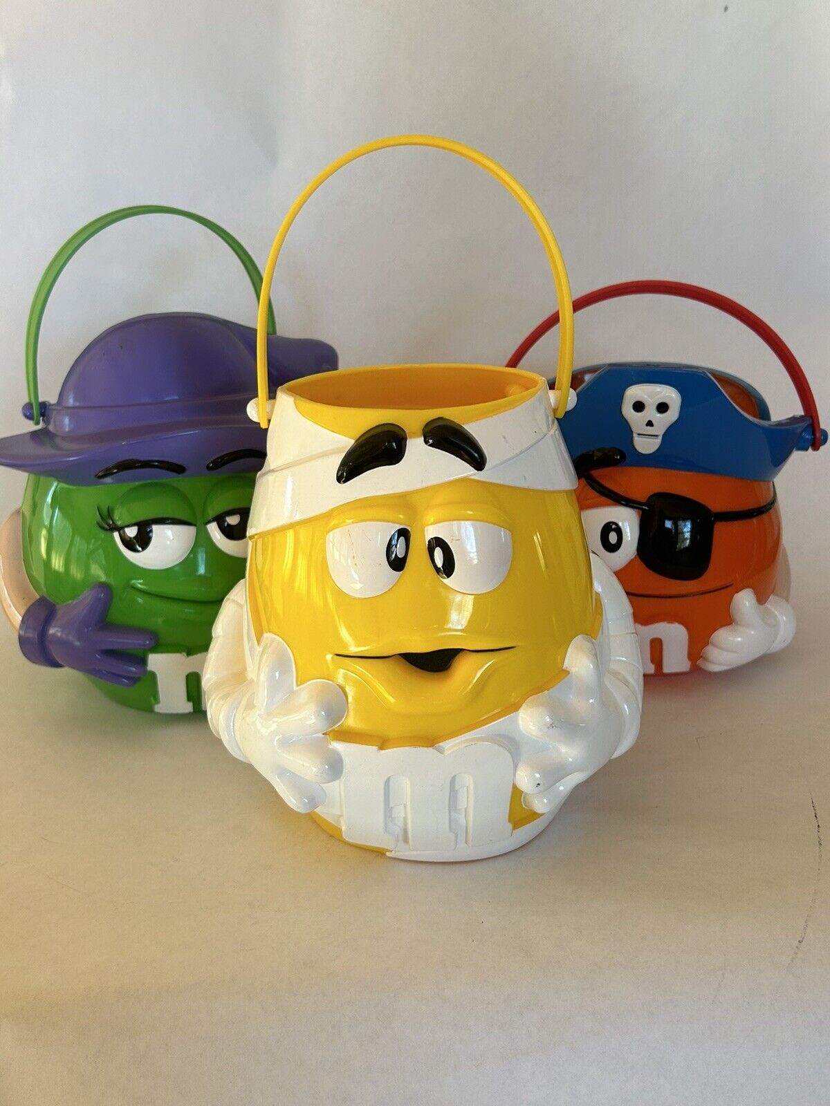Lot Of 3 M & M Halloween Easter Bucket Candy Pail Orange Yellow Green Advertise