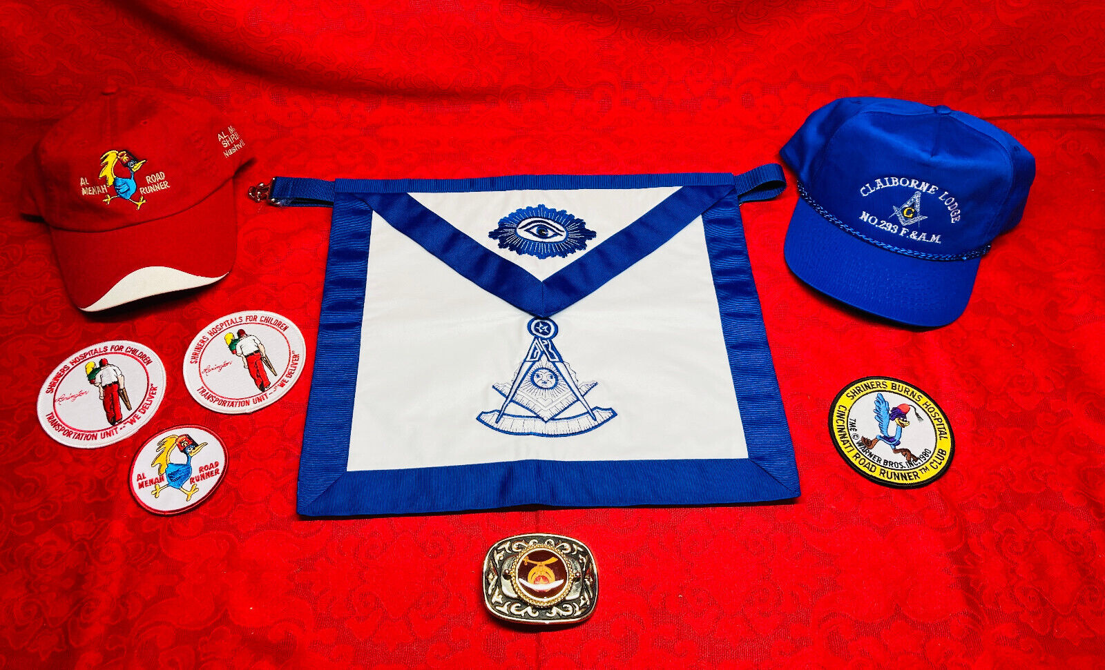 VTG Freemasonry Masonic Shriner LOT  *Apron+Golf Hats+Rare Patches+Belt Buckle*