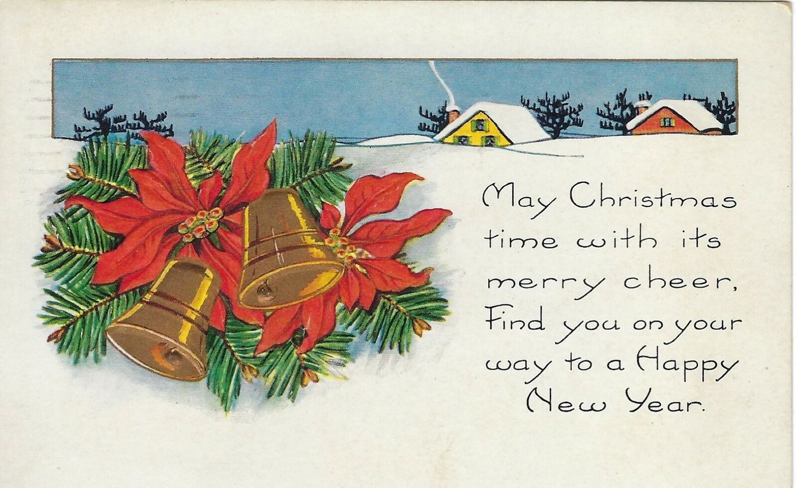 1900s Postcard Christmas Merry Cheer Snowy Scene Embossed Ivy and Bells Antique