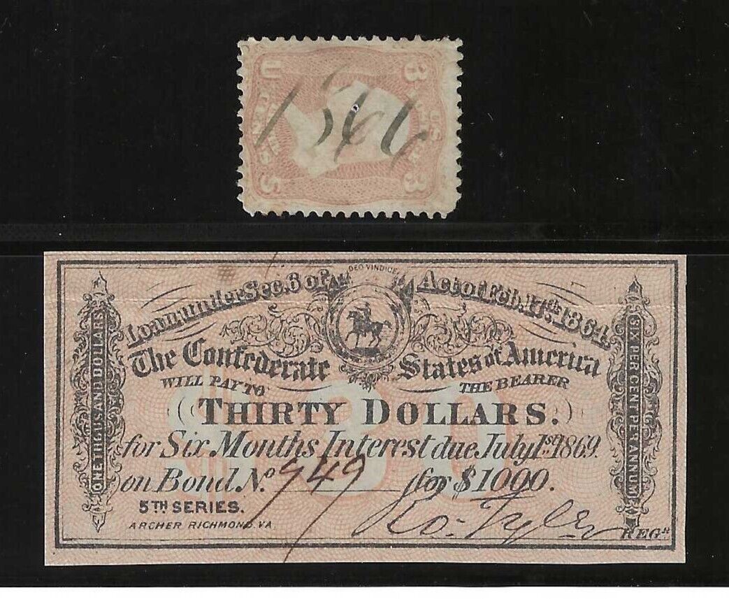 ORIGINAL CIVIL WAR 1864 $30 CONFEDERATE $1000 BOND COUPON + 1866 POSTAGE STAMP