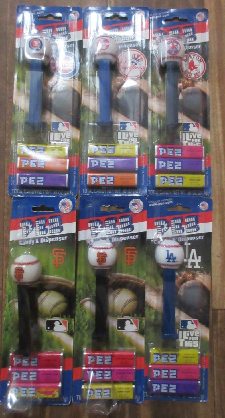 6 MLB Pez Candy Dispensers, Red Sox,  2 Giants, Cubs, Yankees, LA, NOC 