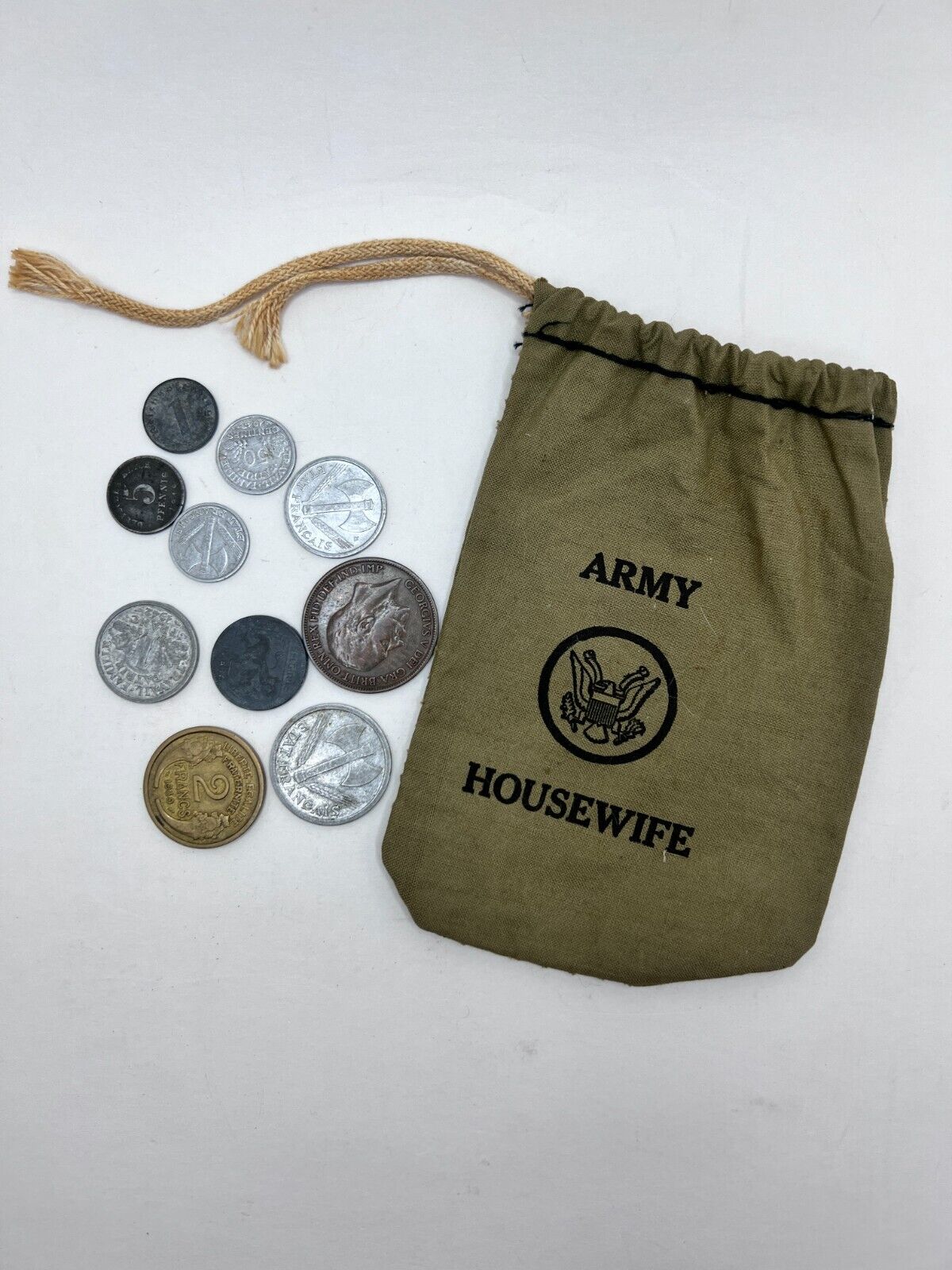 10 Foreign Coins 1940\'s in WWII Army Housewife Coin Bag - Heavily Circulated
