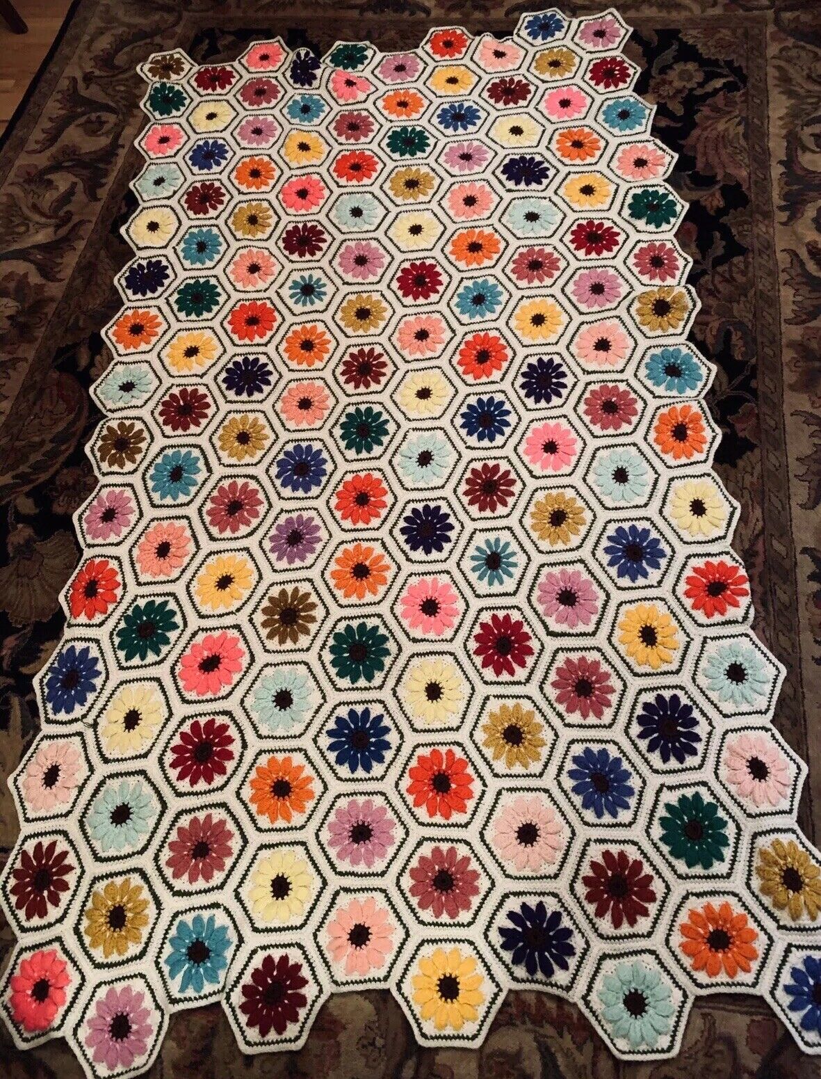 VTG UNIQUE  50 X 92” Flower Power Colorful Handmade Crochet Afghan Blanket