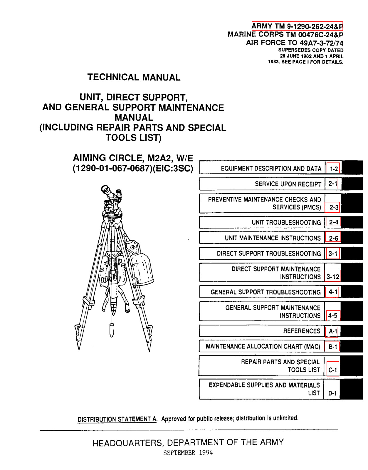 193 Page 1994 1999 TM-9-1290-262-10 M2 Aiming Circle Survey Manual on Data CD