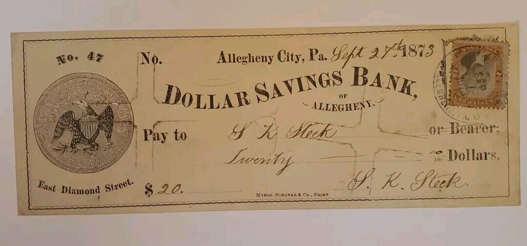 1873 Dollar Savings Bank Allegheny City Pennsylvania Cancelled Check Antique