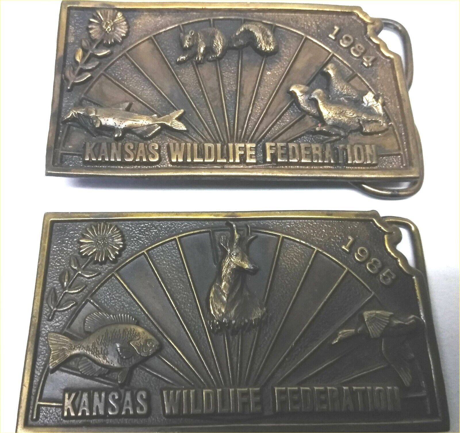 Rare Matching Serials 1984 & 1985 Kansas Wildlife Federation Belt Buckles #634