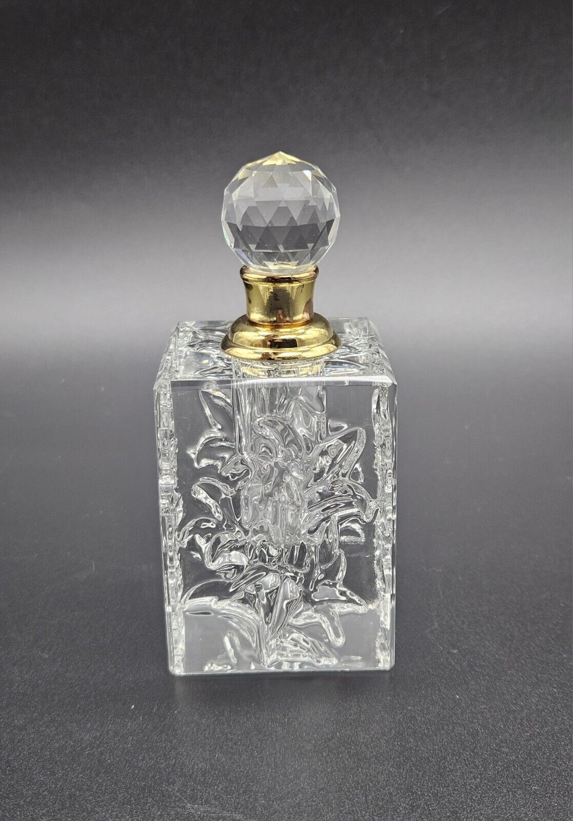 Vintage Clear Crystal Glass Small 4.5” Perfume Fragrance Bottle Floral Sides